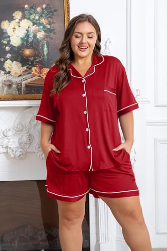 Image of Vozanet Women's Plus Size Button Down Pajamas Soft Lounge Sets Shorts with Pockets Bride Nighty Solid Soft Pjs 1x to 5x