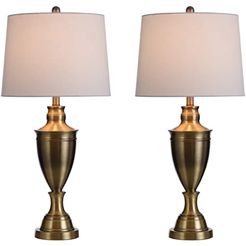 Stylecraft Home Collection L321682DS One Light Urn Table Lamp (Set of 2), Brass Finish with White Polyester Fabric Shade