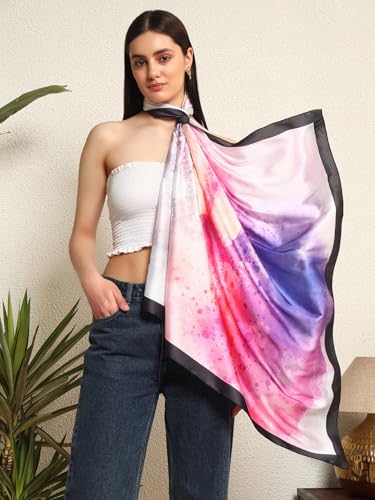 Image of Ravaiyaa - Attitude is everything Women Silk Digital Print Large Square Scarf Breathable Lightweight Neckerchief Printed Headscarf 40 inch x 40 inch Inch