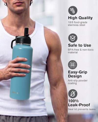 Image of Coolflask 40 oz Water Bottle Insulated with Straw & 3 Leakproof Lids