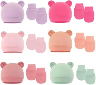 PythJooh Newborn Baby Hats and Mittens Set, Infant Baby Girl Boy 6 PCs Cotton Hospital Nursing Hats with 6 Pairs Anti-Scratch Mittens Set for 0-6Months