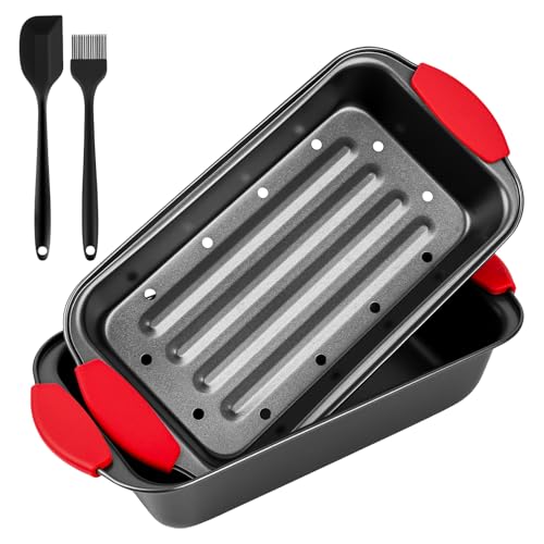 Meatloaf Pan with Drain Tray, 2 Piece Set Meat Loaf Pan with Silicone Grip and Spatula & Basting Brush, Carbon Steel with Nonstick Coating, Oven Safe to 450°F, Versatile for Bread, Roasts, Cakes