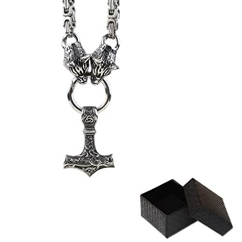 Bijoux pour hommes : pendentif amulette loup et marteau de Thor nordique