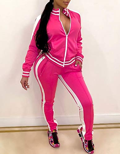 Jogging Suits For Women - Sweat Suits Set Long Sleeve Zipper Hoodies Sweatshirt + Wide Leg Slit Pants Tracksuit Set Rose X-Large #TOP2