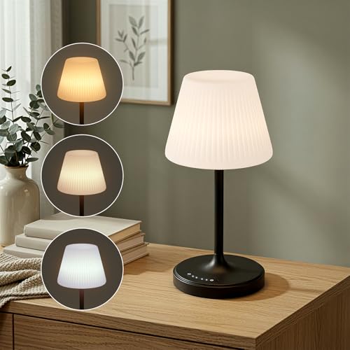 Image of Cordless Table Lamp, Waterproof Shower Lamp, 4000mAh Rechargeable Table Lamps, 3-Color Dimmable Light, Battery Operated Lamp Desk Night Lamp for Bathroom Bedroom Patio Camping Restaurant (Black)