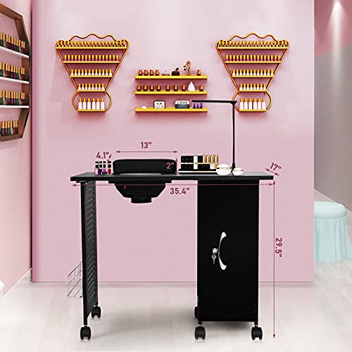 Wellhut Nail Table Station Pro Mobile Manicure Tables Steel Frame Nails Art Manicurist Desk Spa Salon Furniture Workstation Beauty Equipment W/Led Lamp, 5 Drawers W/Key, Storage Shelf #TOP6