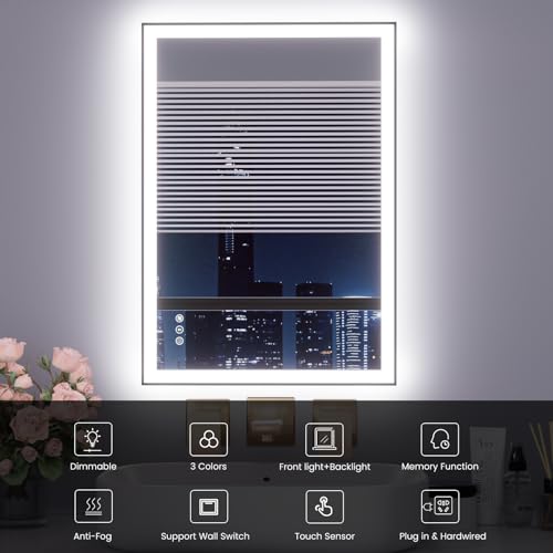 Image of WTTY 24 inchX32 inch LED Bathroom Mirror with Black Frame, Bathroom Vanity Mirror with Lights for Wall, Front Light and Backlit, Anti-Fog, Dimmable, 3 Colors, Shatterproof, Memory, Horizontal /Vertical