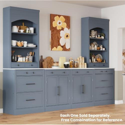 Image of Modern Freestanding Kitchen Pantry,Buffet Food Storage, Coffee Bar Cabinet with Drawer, 2 Adjustable Shelves and 2 Door Shelves for Dining, Kitchen, White (Gray + MDF + Farmhouse-1)