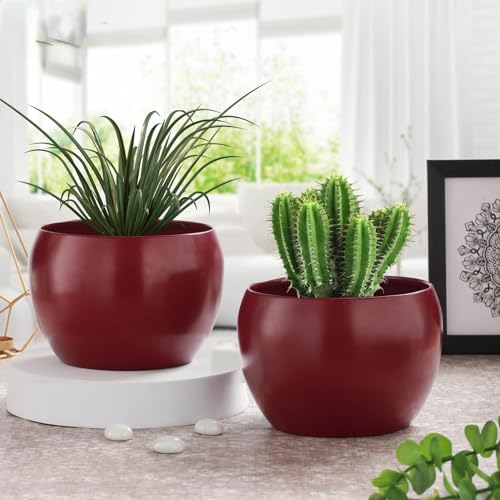 Image of Sunshine Elegant Matte Finished Dustfree Tabletop Red Flower Pot Planter | Metal Plant Pot for Indoor Succulent Plants, Living Room, Home Decor, Office, Restaurant (Set of 2)