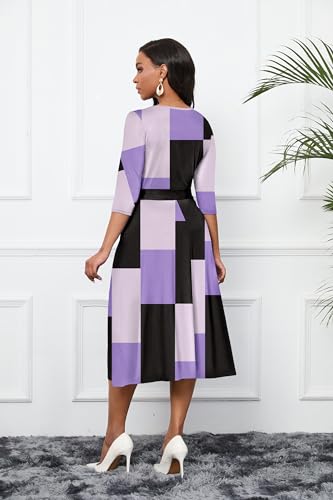 Image of CLOCOR Midi Dresses for Women Casual A-Line Fit and Flare Dress Crewneck 3 /4 Sleeve Keyhole Cocktail Party Church Dress