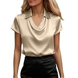 Elegante blusa de raso para mujer – Blusa de fiesta de manga larga para oficina y ocio de seda de manga corta camisa festiva blusa casual de negocios, beige, M