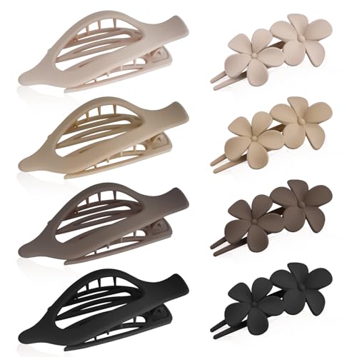 8PCS French Flat Claw Hair Clips for Women Girls, Large Flat Claw Clips and Flower Hairclips for Thick Thin Curly Hair, Matte Non-Slip Strong Hold Hair Accessories