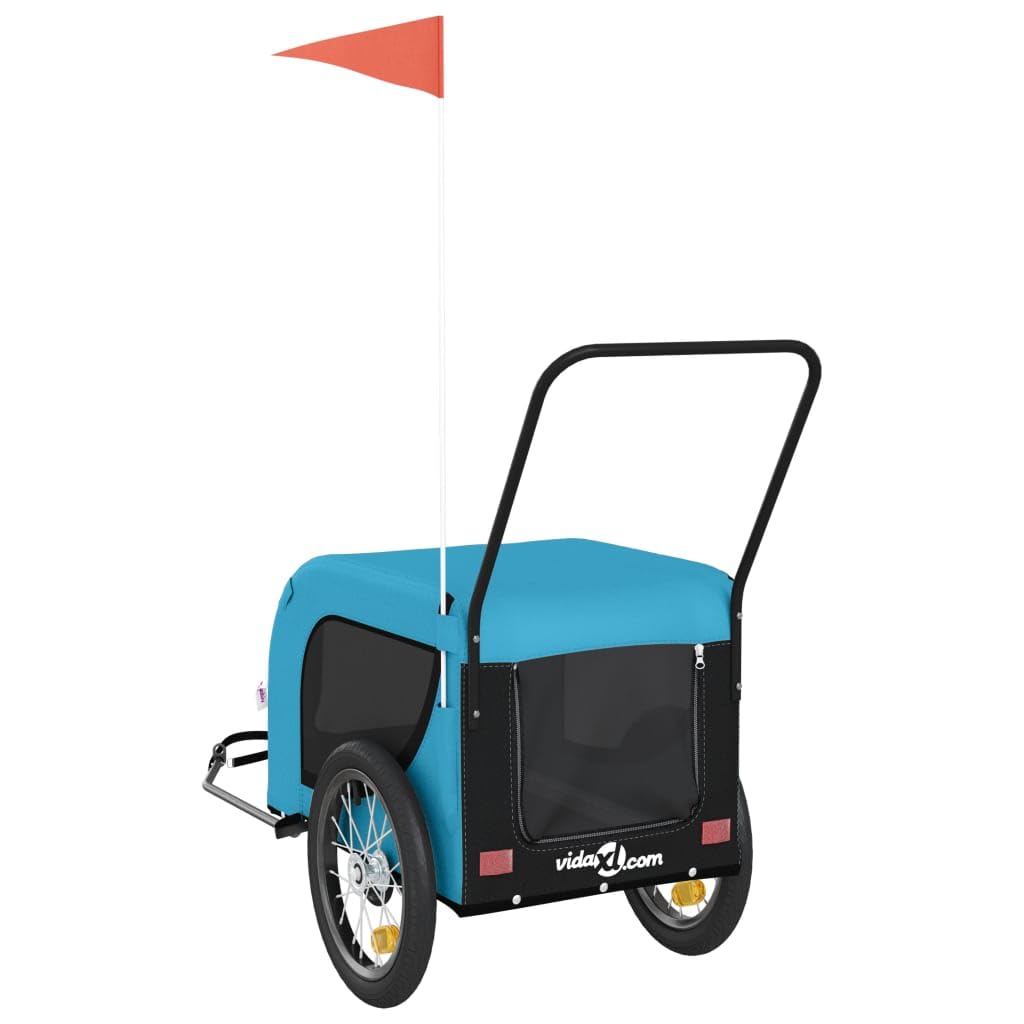 Fahrradanhänger Hunde Blau und Schwarz mit Oxford-Gewebe und Eisenrahmen, faltbar, atmungsaktiv, sicher für Transport von Haustier, Hund, Katze, ideal für Outdoor, Reise, Urlaub, Tierarzt