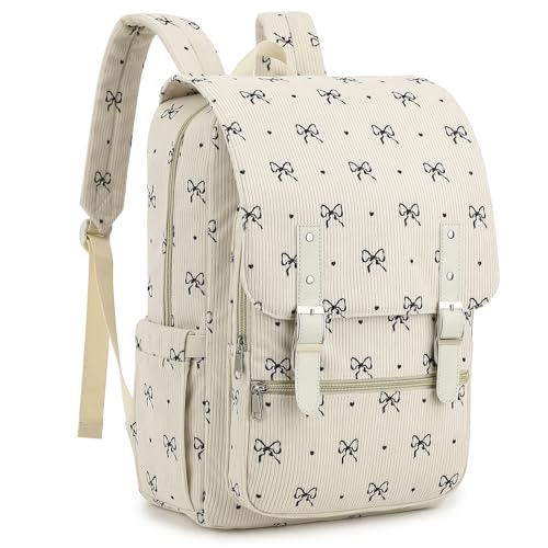 Dezcrab Corduroy Travel Backpack for Women, 15.6 Inch College Laptop Backpack, Fashion School Bookbag Work Backpacks (Corduroy Bow Tie)