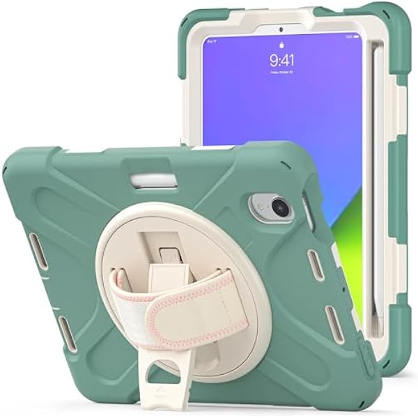 Kompatybilne z etui iPad Mini 7 A17 Pro 2024 wytrzymałe odporne na wstrząsy chroniące przed upadkiem uchwytem długopis pasek ramię ochronne silikonowe dla dzieci Green 1