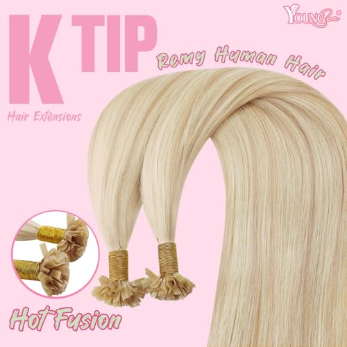 Image of YoungSee K Tip Hair Extensions Human Hair Blonde with Bleach Blonde Highlight Keratin Hair Extensions Highlight 18In 1G /S 50G