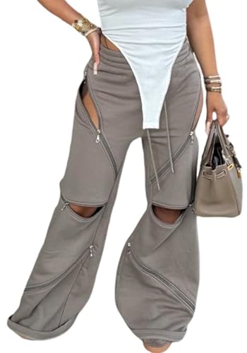 LAJIOJIO Sexy Wide Leg Sweatpants Women Baggy Y2K Side Zipper Cut Out Drawstring Flare Cargo Pants Trousers Streetwear
