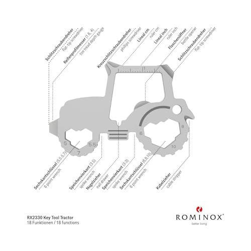 Geschenkartikel: ROMINOX Key Tool // Traktor, 18 Funktionen, Keytool Schlüsselanhänger, Flaschenöffner, Edelstahl Multitool, Multifunktionswerkzeug, Kleinigkeit für Adventskalender