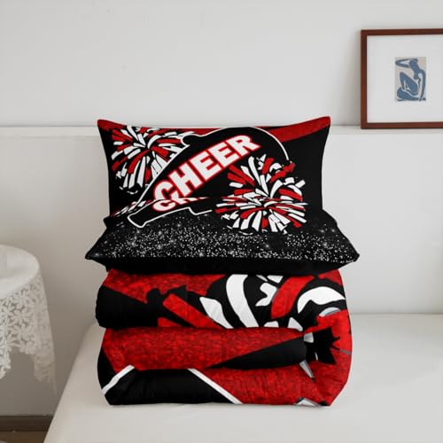 Image of Feelyou Red Glitter Cheer Comforter Set Dreamy Girly Gymnastic Sports Comforter for Kids Boys Girls Gymnastics Lovers Bedding Set Cheer Sports Glitter Duvet Set Room Decor Quilt King Size Boys