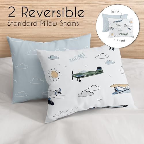 Image of Sweet Jojo Designs Vintage Airplane Boy Queen Comforter Set Full Size Bedding for Kids Teen Adult Bed Room 3pc Grey Green Blue White Yellow Airplanes Air Plane Transportation Clouds Sun Sky Aviator