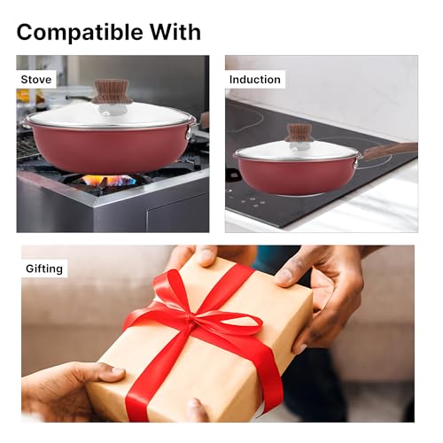 Image of The Better Home 2.5mm Triply Aluminium Coated Fry Pan (1.5L-22cm) with Glass Lid | Gas & Induction Fry Pan for Deep Frying (Red)