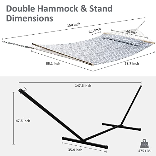 Image of SUNCREAT 55 Inch Extra Large Double Hammock with Stand, 475lbs Capacity, Outdoor Portable Hammock with Hardwood Spreader Bar, Extra Large Pillow, Grey