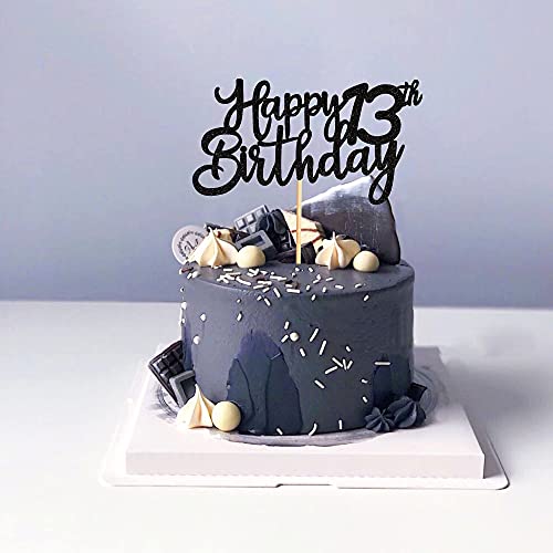 Image of FestikoBlack Glitter 13th Happy Birthday Cake Topper Boys Girls Food Picks for Celebrating Thirteen Years Old Birthday Anniversary Party Decorations Supply