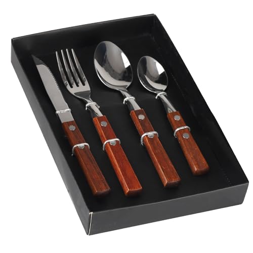 4 teiliges Besteck Set, Camping Besteck,Edelstahlmaterial, Holzgriff, geeignet für den Gebrauch zu Hause und im Restaurant, um Steaks, Pasta, Salate und andere Köstlichkeiten zu genießen