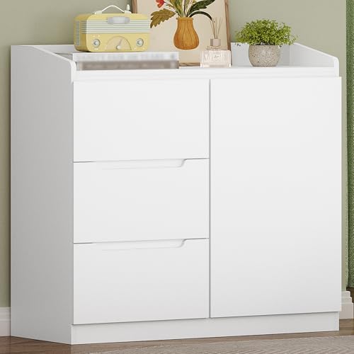 Hzuaneri Commode, Commode à 3 tiroirs et 1 Porte, Meuble de Rangement, Casier avec rambarde supérieure, Style Moderne, Convient pour Le Salon et la Chambre,...