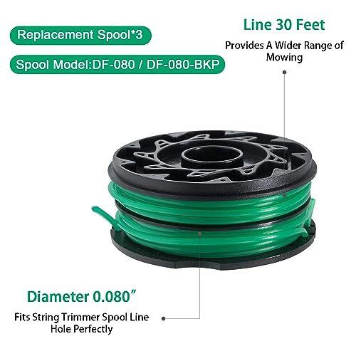 Cilivo DF-080 Part Compatible with Black and Decker GH1000 GH1100 GH2000 Electric String Trimmer Lawn Edger,DF080 DF-080-BKP Dual Line Edger Parts 30ft 0.080\" Dual Auto-Feed Spool 3-Pack - Thumbnail 3