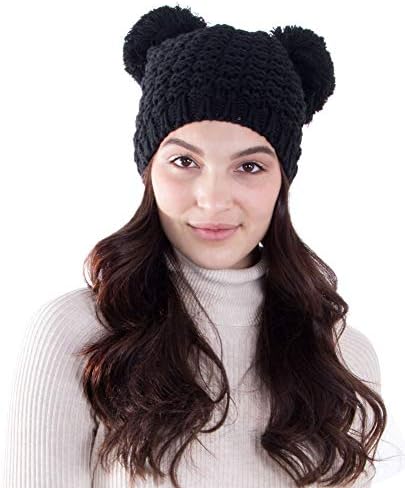 Beanie Hat with Double Pom Pom Ears 