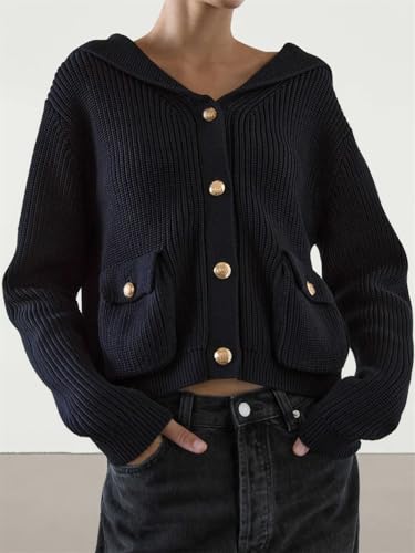 Women’S Sailor Collar Long Sleeve Single Breasted Button Detail Solid Knit Cardigan Casual Sweater3
