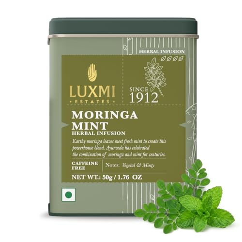 Image of Luxmi Estates Moringa Mint Tea, Loose Leaf, 50g (1.76oz, ~25 Cups), Moringa Oleifera Leaf with Spearmint - Caffeine-Free Herbal Superfood Infusion, Vegan & Non-GMO