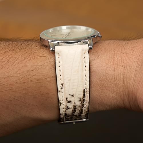 Vinacreations 19mm White Lizard Leather Watch Band Men Quick Release Replacement Strap Extra Soft Handmade Wristband Stainless Steel Buckle, Christmas Father's Day Gift for Dad Son Husband DH-90G-19MM