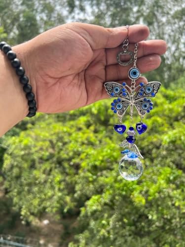 Image of BLUE BEADS Turkish Feng Shui Vastu Blue Glass Evil Eye Hanging /Door Hanging Nazar Batu for Protection and Good Luck - Perfect for Gifting Home or Office (SUNCATCHER-BTRFLY)