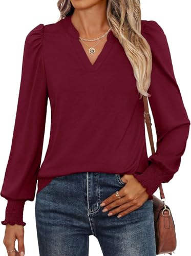 Pawate Damen Bluse Langarm Baumwolle Elegant Oberteile Herbst Langarmshirt V-Ausschnitt Puffärmel Shirts Casual Tunika Tops(weinrot/L)