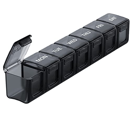 7 Tage Tablettenbox Groß Fächer Pillendose Medikamentenbox, Pillenbox 1 Woche Medikamentenbox Supplement Box Reise Tabletten Boxen Nahrungsergänzungsmittel Tablettensortierer Schwarz Cover