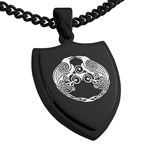 Tioneer Black Stainless Steel Yggdrasil Huginn & Muninn Odin's Ravens Shield Pendant Necklace