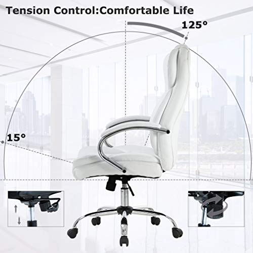 Ergonomic Office Chair Cheap Desk Chair Pu Leather Computer Chair Executive Adjustable High Back Pu Leather Task Rolling Swivel Chair With Lumbar Support For Women Men, White #TOP5