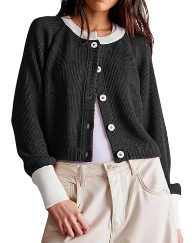 Image of loveimgs Women Knitted Button Down Cropped Cardigan Jacket Sweater Y2k Fall Knit Color Block Sweater Crewneck Crop Short Coat
