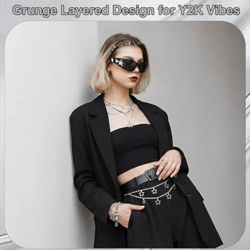 JATEBI Y2K Accessories Set for Women, Y2K Sunglasses Layered Necklace Pants Chain Bracelet Star Hair Clip Ring & Earing 90s Grunge Jewelry Kit(Black Glasses)