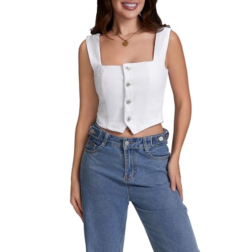 Women Wrap Jean Vest Boat Neck Button Down Sleeveless Crop Vest Denim Tank Top Backless Fashion Smocking Vest