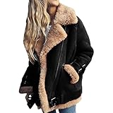 Baimiu Women Sherpa Lined Coat Lapel Zip Up Plus Size Winter Coats Faux Suede Leather Jacket Thicked Biker Motor Fuzzy Jacket