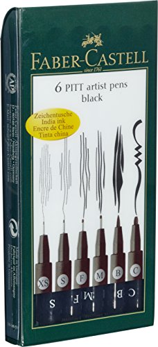 Image of Faber-Castell Pitt Artist Pen Set Of 6 Pitt Pens Black (XS,S,F,M,B,C) Paint Brush Set - Round, Pack of 7 (Navy Blue)