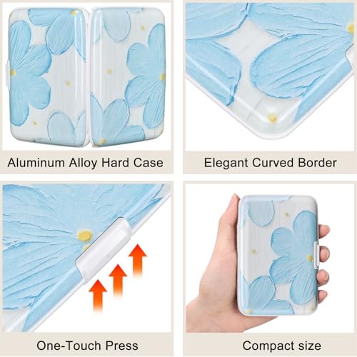 Image of ELFISH Mini RFID Aluminum Wallet Credit Cards Holder Business Card Case Metal ID Case for Men Women(Cerulean Flower)