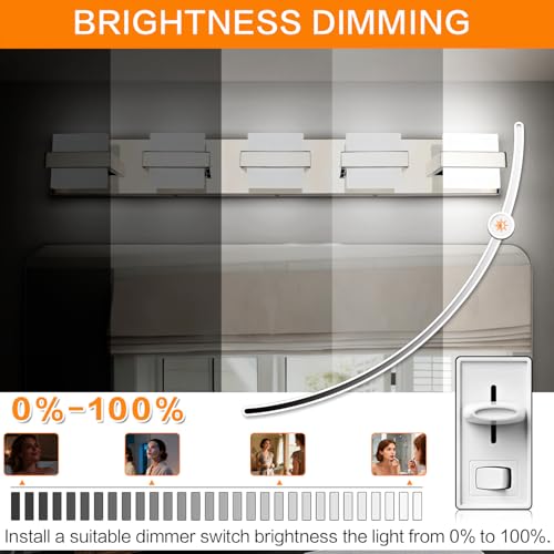 Image of SOLFART Chrome 5 Light Bathroom Vanity Lights Over Mirror, Modern Chrome Bathroom Light Fixtures LED Lights Dimmable