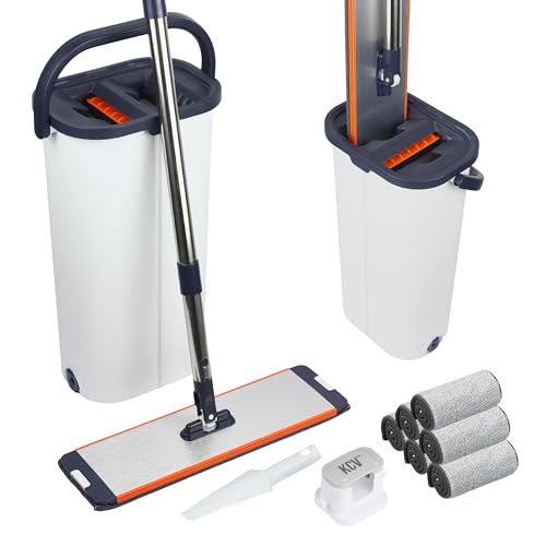 KCVONLINE Mopa XL 39 cm con Cubo Escurridor, Más Ancha Que Estándar (32 cm), Limpieza Rápida, Acabado en Aluminio, Incluye Clip de Pared con Ventosa, 6 Almohadillas, Mango INOX - Azul