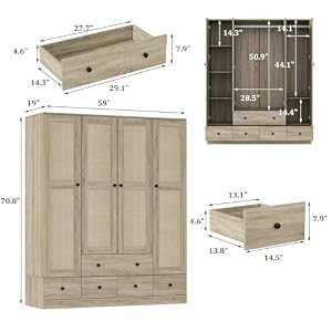 Rattan Armoire Wardrobe Closet with 7 Shelves, 5 Drawers & Hanging Bars, 59" L Wooden Wardrobe Clothes Storage Cabinet for Bedroom, Guest Room, Brown Rattan Armoire Wardrobe Closet with 7 Shelves 5 Drawers Hanging Bars 59 L Wooden Wardrobe Clothes Storage Cabinet for Bedroom Guest Room Brown