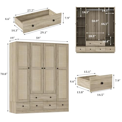 Rattan-Armoire-Wardrobe-Closet-with-7-Shelves-5-Drawers-Hanging-Bars-59-L-Wooden-Wardrobe-Clothes-Storage-Cabinet-for-Bedroom-Guest-Room-Brown Rattan Armoire Wardrobe Closet with 7 Shelves 5 Drawers Hanging Bars 59 L Wooden Wardrobe Clothes Storage Cabinet for Bedroom Guest Room Brown