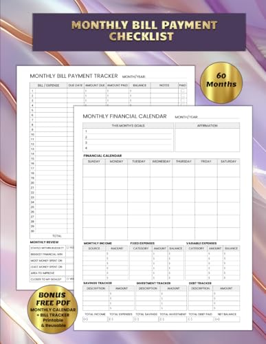 Pink| Purple Monthly Bill Payment Checklist: 60 Month System with FREE Monthly Calendar & Bill Tracker PDF For Reprints
